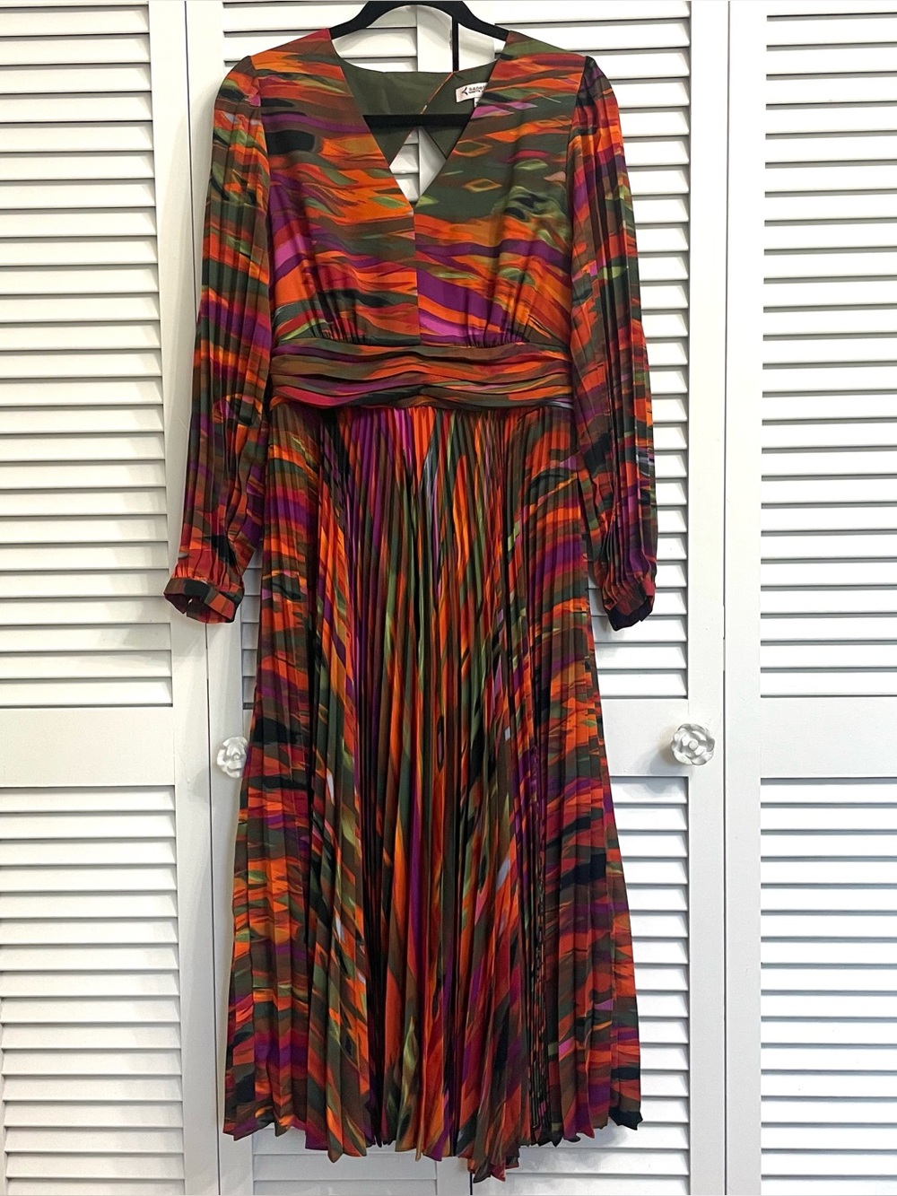 Nanette Lepore Multicolor Print Pleated Midi Dress Long Sleeve Abstract Sz 8